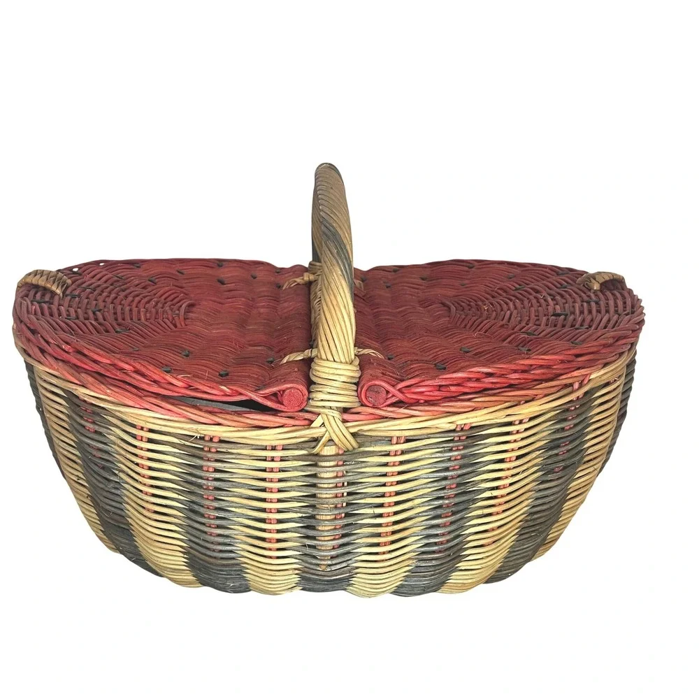 Vintage Watermelon Picnic Basket Woven Wicker Double-Lid Handle Red Green Large